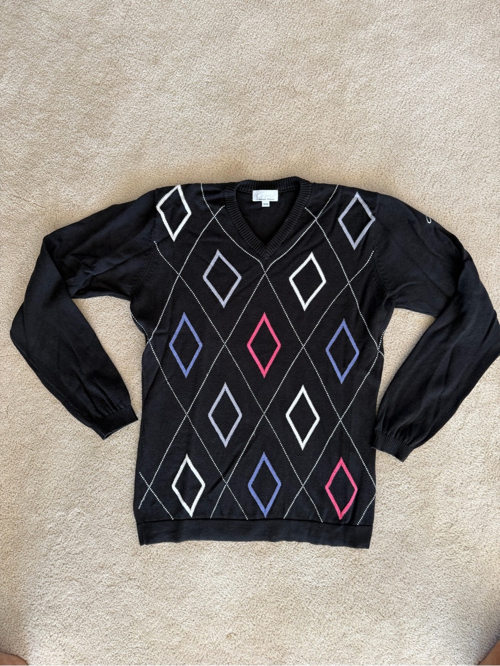 Cracked Wheat V-Neck Argyle Sweater with Pink & Blue Accents